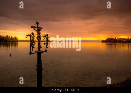 Swedish Cross or Schwedenkreuz Flower Island Mainau on the Lake Constance in the golden hour at sunrise, germany Stock Photo