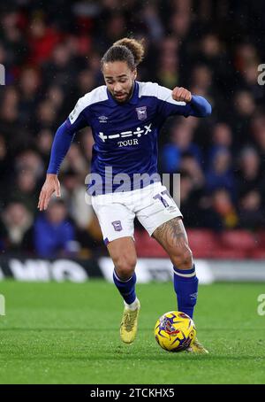 Watford, UK. 12th Dec, 2023. Marcus Harness of Ipswich during the Sky Bet Championship match at Vicarage Road, Watford. Picture credit should read: David Klein/Sportimage Credit: Sportimage Ltd/Alamy Live News Stock Photo