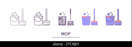 Mop and bucket, cleaning outline icons. Vector illustration. Editable stroke. Isolated icon suitable for web, infographics, interface and apps. Stock Vector