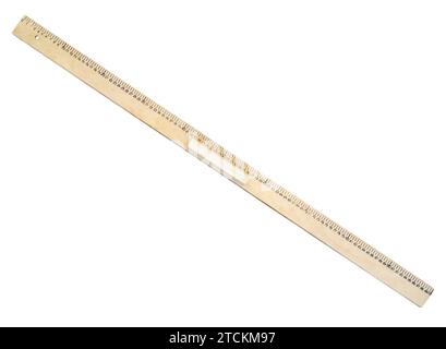 old wooden measuring meter ruler cut out on white background Stock Photo