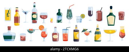 Alcohol drinks collection. Bar and restaurant menu with cocktail and wine, whiskey and rum, vermouth and gin. Vector alcohol beverage set Stock Vector