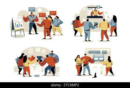 Teams working on project. Cartoon characters working together on creative task, group of friends working together on new business idea. Vector set Stock Vector