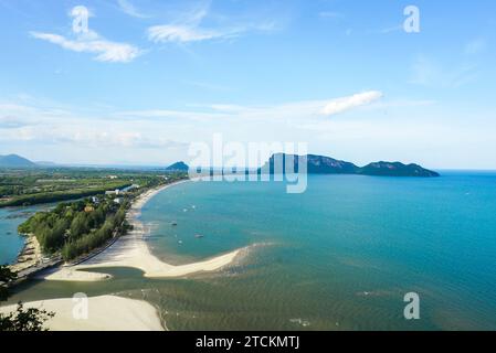 Aerial view of Prachuap Khiri Khan harbor southern of Thailand. Beautiful blue sea and green island with city and beach at Prachuap bay. Stock Photo