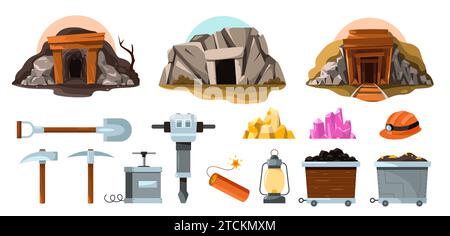 Mine tools. Cartoon miner worker tools, mining cart with drill hammer pickaxe, underground cart with mining equipment flat style. Vector isolated set Stock Vector