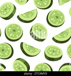Cucumber slice pattern. Seamless print of fresh green vegetable for healthy diet, smoothie packaging and wrapping paper. Vector texture Stock Vector