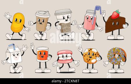 Retro cartoon food and drink. Funny groovy characters of drinks, colorful 80s style alcohol beverage icons. Vector set Stock Vector