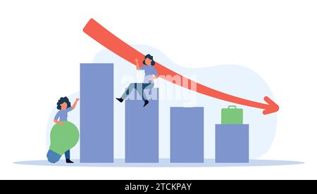 The graph of the economy went down, the growth of unemployment. Market trading problems. Women are sitting on the graph and are sad vector illustratio Stock Vector