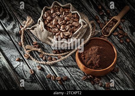 Beans Of Coffee In Bag And Coffee-Ground Stock Photo