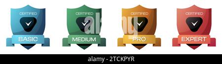 Certified shield badge. Accredited seal diploma for security protection, best achievement award for hacking course. Vector certificate set Stock Vector