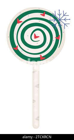 Round lollipop on a stick, circular candy with a green swirl, winter caramel with a spiral and snowflake, groovy colorful vector illustration Stock Vector