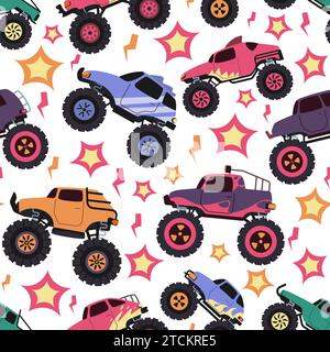 Monster truck pattern. Seamless print of vehicle with monster truck tires and engine, cartoon road vehicle texture for wrapping paper printing Stock Vector
