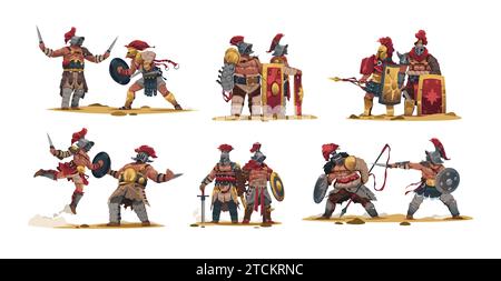 Ancient fighting warriors. Cartoon ancient roman soldier characters with armor and weapons, flat historical barbarian characters fighting. Vector set Stock Vector