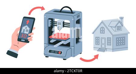 House 3d printing flat vector illustration. Home building model construction making on 3d printer machine. Stock Vector