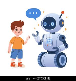 Cute Robot and boy communication. Cartoon Science Technology Concept Isolated Vector. Flat Cartoon Style Stock Vector