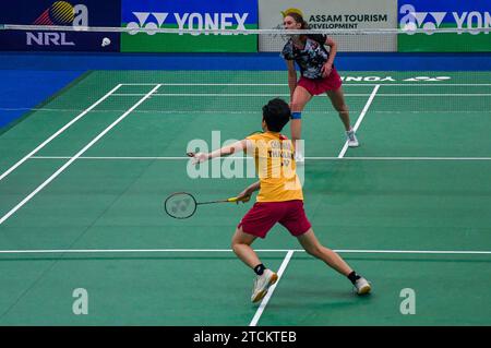 Lalinrat Chaiwan of Thailand (yellow) competes against Line Christophersen of Denmark during the finals of Yonex-Sunrise Guwahati Masters 2023 Super 100 women's singles badminton tournament at Sarju Sarai Indoor Sports Complex. Lalinrat Chaiwan won 21-14, 17-21,21-16. Stock Photo