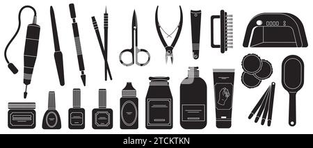 Black manicure tools. Doodle nail scissors nail clippers nail file and oil. Beauty salon pedicure tools. Vector simple set Stock Vector