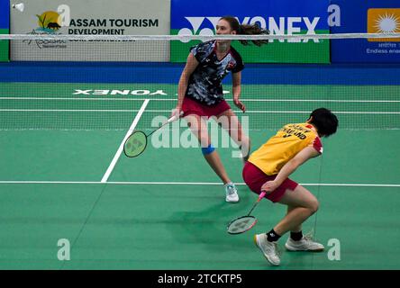 Lalinrat Chaiwan of Thailand (yellow) competes against Line Christophersen of Denmark during the finals of Yonex-Sunrise Guwahati Masters 2023 Super 100 women's singles badminton tournament at Sarju Sarai Indoor Sports Complex. Lalinrat Chaiwan won 21-14, 17-21,21-16. (Photo by Biplov Bhuyan / SOPA Images/Sipa USA) Stock Photo