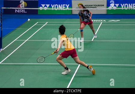 Lalinrat Chaiwan of Thailand (yellow) competes against Line Christophersen of Denmark during the finals of Yonex-Sunrise Guwahati Masters 2023 Super 100 women's singles badminton tournament at Sarju Sarai Indoor Sports Complex. Lalinrat Chaiwan won 21-14, 17-21,21-16. (Photo by Biplov Bhuyan / SOPA Images/Sipa USA) Stock Photo