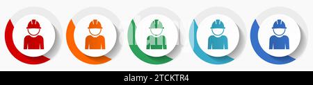 Engineer, worker, manager, employe vector icon set, flat icons in 5 color options for logo design, webdesign and mobile applications, colorful round b Stock Vector