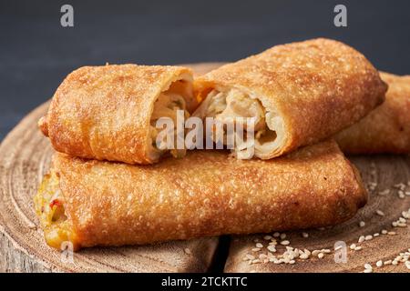 Hot fried spring rolls on a darker background Stock Photo