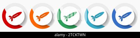 Missile, rocket, weapon, war vector icon set, flat icons in 5 color options for logo design, webdesign and mobile applications, colorful round buttons Stock Vector