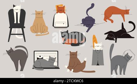 Cats behavior. Cartoon cute kitten playing with toys, funny cats in various poses and activities. Vector cute kitten characters isolated set Stock Vector