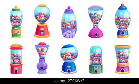 Candy vending machine. Cartoon ball gum with colorful sweets, retro vending machine with bubble gumball capsules. Vector isolated set Stock Vector