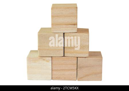 Blank wooden building blocks stacked, isolated on white background. business or education concept Stock Photo