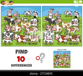 Cartoon illustration of finding the differences between pictures educational activity with cows farm animal characters group Stock Vector