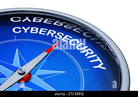 3D illustration of a compass with the word cybersecurity Stock Photo