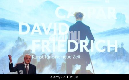 Hamburg, Germany. 13th Dec, 2023. Federal President Frank-Walter Steinmeier speaks during the opening of the Caspar-David-Friedrich anniversary exhibition at the Hamburger Kunsthalle. Credit: Marcus Brandt/dpa/Alamy Live News Stock Photo