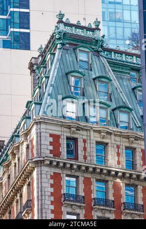 Beaux Arts meets French Renaissance at Knickerbocker Hotel, a 1906 NYC landmark on Broadway at West 42nd Street, aka Times Square. Stock Photo