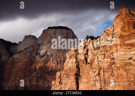 stormy mesas with dark clouds, zion national park Stock Photo
