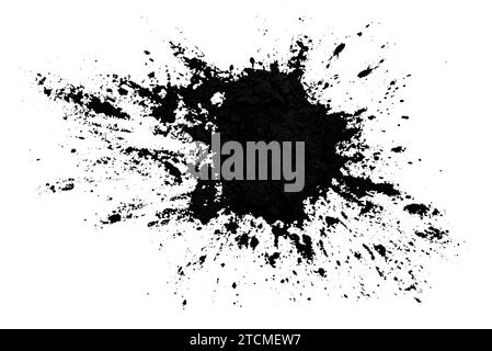 Black toner for a laser printer on a white background. Isolate powder toner. Big black grunge splash. coal Stock Photo