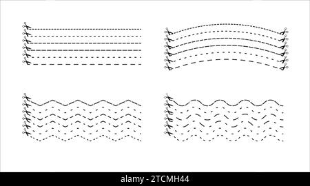 Vector icons set with scissors and cut lines. Stock Vector