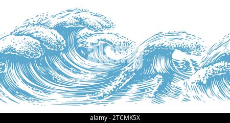 Hand drawn Sea waves. Ocean surf wave horizontal seamless pattern vector illustration, sketch Stock Vector