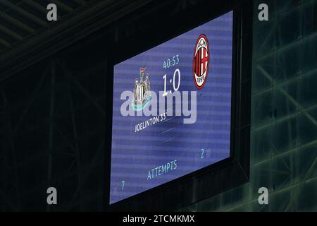 Newcastle, UK. 13th Dec, 2023. Scoreboard 1-0 to Newcastle during the Newcastle United FC v AC Milan UEFA Champions League Group F match at St.James' Park, Newcastle, United Kingdom on 13 December 2023 Credit: Every Second Media/Alamy Live News Stock Photo
