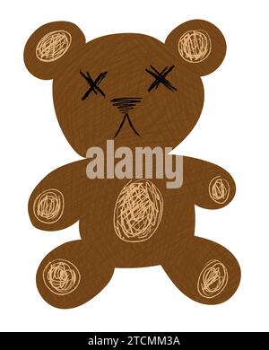BROWN TEDDY BEAR WITH CROSS EYES, CRAYON PAINTED STYLE Stock Vector
