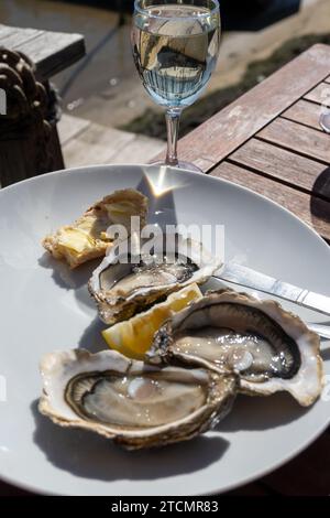 Eating of fresh live oysters at farm cafe in oyster-farming village, Arcachon bay, Cap Ferret peninsula, Bordeaux, France, close up Stock Photo