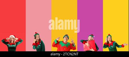 Collage of young people dressed as Christmas elves on color background Stock Photo