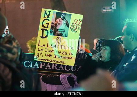 Wrestlers Protest to Demand Liberation For Cuatrero December 13, 2023 in Mexico City, Mexico: Members of the wrestling union protest to demand the immediate release of the wrestler Cuatrero, arrested in March of this year. Mexico City Mexico Copyright: xCarlosxSantiagoxxxEyepixxGroupx Stock Photo