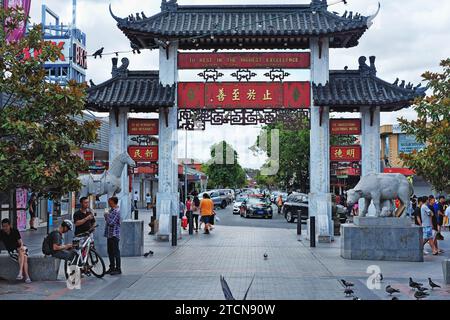 Looking out of Freedom Plaza, Cabramatta, through the Pai Lau, Chinese ceremonial gateway with carved stone statures of a saddled Horse & Ox Stock Photo