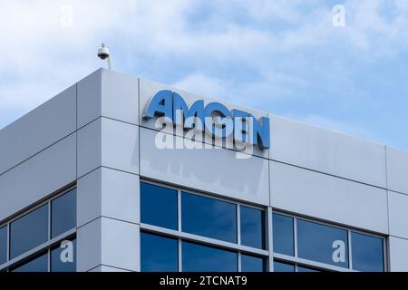 Close up of Amgen sign on the building at its corporate office in South San Francisco, CA, USA Stock Photo