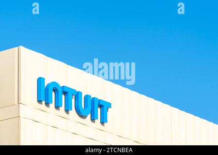 Close up of Intuit sign on the building at its headquarters in Mountain View, California, USA Stock Photo
