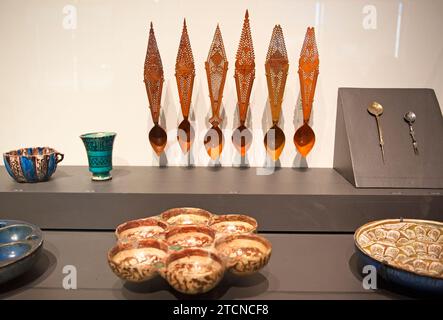 Cooking and serving implements, Dining With The Sultan: The Fine Art of Feasting, exhibition, Los Angeles County Museum of Art, LACMA, museum, Islamic, art, Los Angeles, California, USA Stock Photo