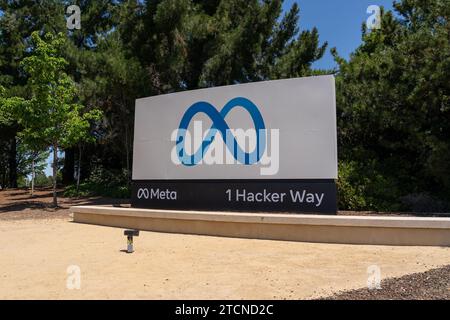 Meta logo is seen outside the Meta Platform Inc.'s headquarters campus in Menlo Park, California, USA Stock Photo