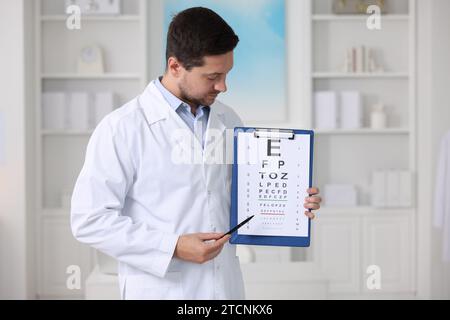 Ophthalmologist pointing at vision test chart in clinic Stock Photo