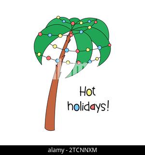 Christmas Palm tree vector illustration. Funny decorated doodle beach or tropical Christmas tree. Cute cartoon holiday greeting card Stock Vector
