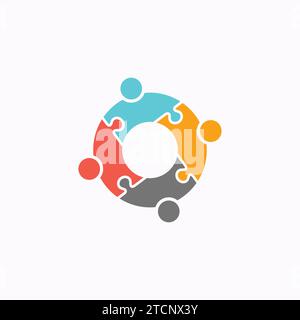 Collaborative Solutions Logo - Four Colored Puzzle Pieces Interlocked in a Circle Representing Team Integration and Problem Solving Stock Vector