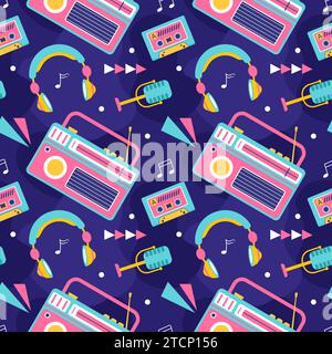 Radio Seamless Pattern Illustration Design with Player for Record and Listening to Music in Flat Cartoon Template Stock Vector
